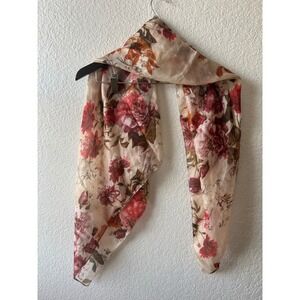Sheer Floral Scarf Lightweight 100% Silk Wrap Red Artsy Vibrant Whimsical